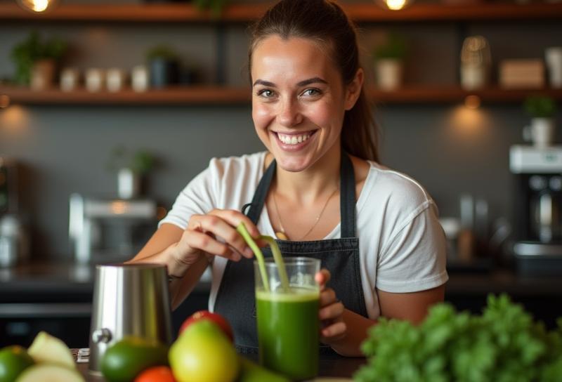A friendly barista smiles while preparing a fresh green juice behind the counter of Sapore Fresco Bar.