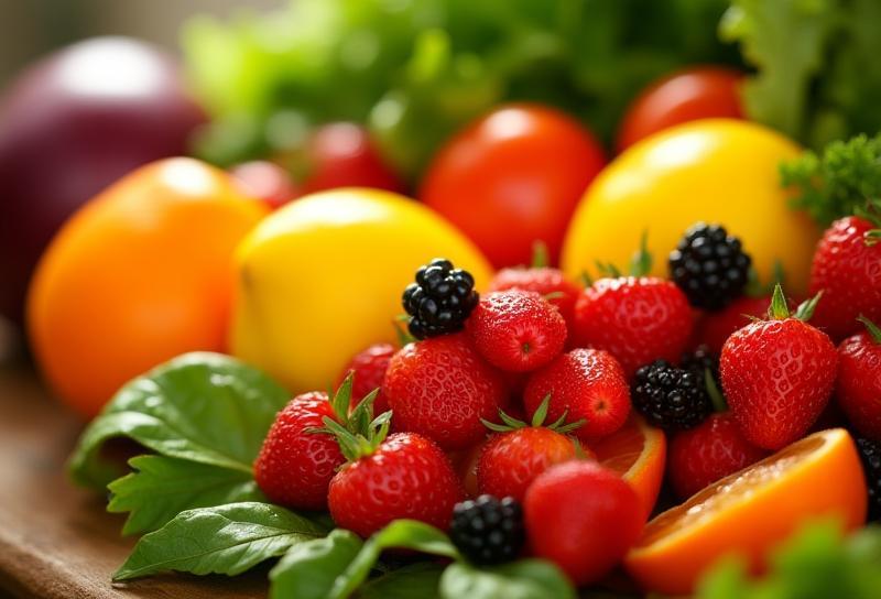 Vibrant close-up of a variety of fresh fruits and vegetables like berries, citrus, and greens arranged attractively.