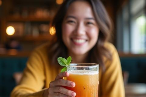 Customer smiling while enjoying a fresh drink at a table.