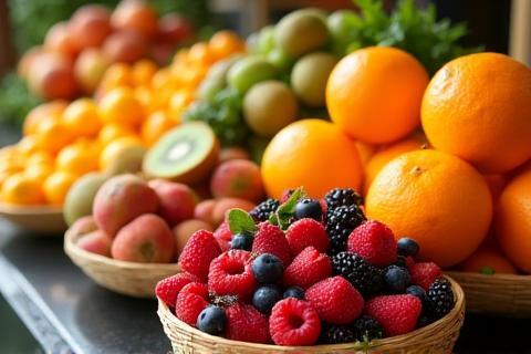 Vibrant display of fresh fruits like oranges, berries, and kiwi on a counter.