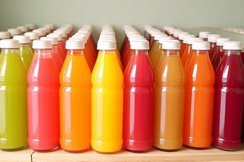 Rows of colorful bottled juices neatly arranged on a shelf.
