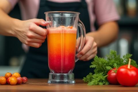 Person blending a colorful smoothie behind the counter.