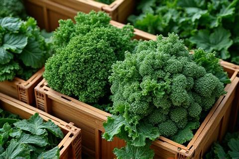 Crates filled with fresh green vegetables like kale and spinach.