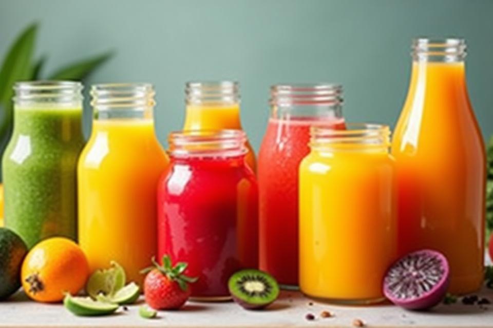 Assortment of vibrant, fresh juices and smoothies in glass jars.