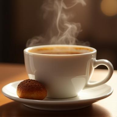 A steaming coffee cup next to a small, healthy pastry.