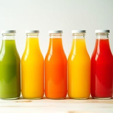 Variety of bottled fresh juices displayed appealingly.