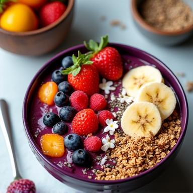 Colorful acai bowl topped with fresh fruit, granola, and seeds.