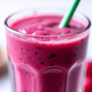 Close up of a vibrant berry smoothie in a glass cup with a straw.